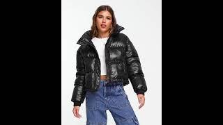 STRADIVARIUS Shiny Faux-Leather Puffer-Jacket Wetlook Black Women | Asos