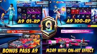 A9 Royal Pass 1 To 100 RP 3D | Upgrade M249 & UZI Skin | Bonus RP A9 | RP Vehicle Skin | M249 On-Hit