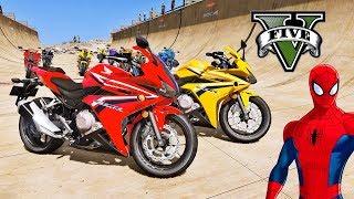 MOTOS com Homem Aranha e Heróis! Saltos na Mega Rampa com SUPER MOTOS - GTA V Mods - IR GAMES