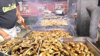 Street Food Fest in Italy. Huge Grills of Mixed Meat, Roasted Bull & more Food