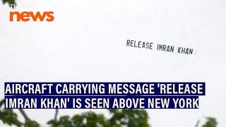 Aircraft carrying the message 'Release Imran Khan' is seen above Nassau, New York