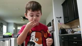 Mason opening an angry birds chocolate