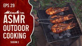 ASMR Outdoor Cooking Eps 29 - Charcoal Grilled Prawns with Lime Leaf Rice  in a Lush Forest