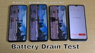 Realme 6 vs Redmi Note 9 Pro vs Samsung Galaxy M31 Battery Drain Test (100-0%)