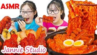 ASMR Tokbokki Hotpot with Cheese, Spicy Fried Chicken, Fried Kimbap | Jannie Studio 재니