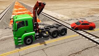 A crane truck is rescuing small cars stuck on rails - BeamNG