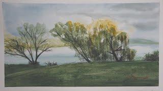 Trees by the Lakeside - Watercolour Art - Slow Life - By Vamos