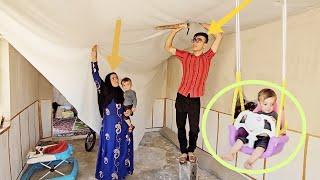 Installation of Raheel's swing.  Building the roof inside the house with grandmother and Ali.