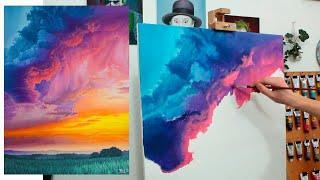 Painting Glowing Clouds with Oil / Colorful Landscape "The Fury of the Sun"