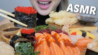 SUSHI ASMR *Spicy Salmon Sashimi with Assorted Nigiri and Deep Fried Tempura Relaxing Eating Sounds