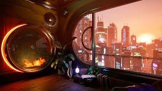 Cyberpunk Apartment Room Tour | Sundown Time Ambience Experience | Chill Focus Relax - Synthwave Mix