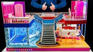 8 DIY Miniature Mansion  With  Rooms! Dollhouse ~ Barbie Crafts Bedroom and swimming pool, backlit!