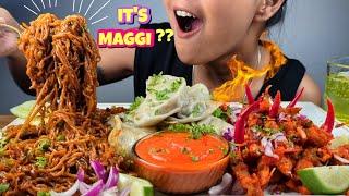 EATING SPICY MAGGI WITH MOMO & CHUTNEY, SPICY NIMKI CHATPATEY | STREET FOOD ASMR | SPICY MUKBANG
