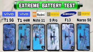 Vivo T1 5g /Iqoo Z6 vs Vivo t1 44w vs poco m4 pro / realme 9 pro / samsung f13 battery drain test