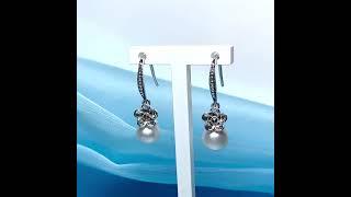 Drop earrings real freshwater cultured pearl flower petal with marcasite stone