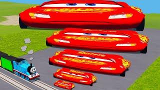 Fat Car vs LONG CARS with Big & Small: Wide Lightning Mcqueen vs Trains Thomas - BeamNG.drive