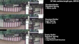 AR-15 slow-mo cycle comparison with cut-away buffer tube