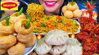 ASMR MAGGI MASALA NOODLES, SPICY PANI PURI, VEG MOMO, CHICKEN LOLLIPOP MUKBANG MASSIVE Eating Sounds