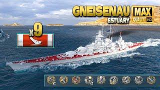 Battleship Gneisenau: 9 ships destroyed on map Estuary - World of Warships