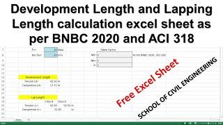 Development length and lapping length calculation excel sheet as per BNBC 2020 and ACI 318