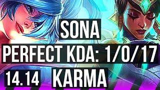 SONA & Zeri vs KARMA & Ezreal (SUP) | 1/0/17, 1400+ games | EUW Grandmaster | 14.14