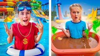 RICH AQUAPARK VS POOR For 24 hours!!! Who will be luckier Fast Sergey or Sister Fast Polina