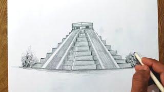 Easy way to draw Chichen Itza pyramid step by step/Chichen Itza Pyramid drawing easily.