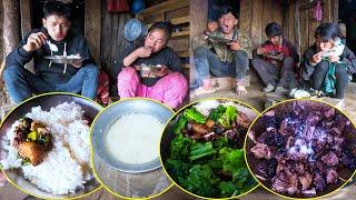 Enjoying Pork curry & rice in Pastoral Nepal || Village style pork with mustard leaves@Sanjipjina