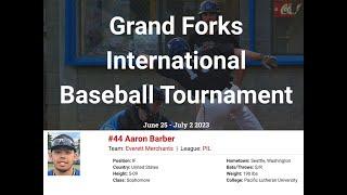 Aaron Barber at 2023 Grand Forks International Tournament. Everett Merchants win Tourney 6-0