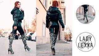 WALKING IN LEGGINGS AND CAMOUFLAGE OVERKNEE BOOTS. NICE MILITARY STYLE