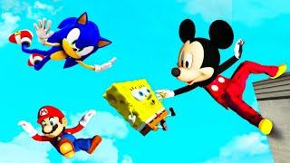 GTA 5 Mickey & Sonic VS SpongeBob & Mario Ragdoll Jumps/Fails (Funny)