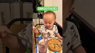 Toddler uses a spoon to “eat” a smoothie #spoonfeed #guavaisyum #babybbbb #smooth #smoothie #toddler