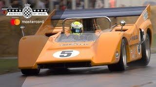 Lando Norris slides 7.6-litre McLaren M8D Can-Am up wet FOS hill