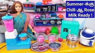 Barbie Preparing Yummy Chill Chill Rose Milk/Mini cooking in Mini Kitchen/ Barbie Miniature Cooking