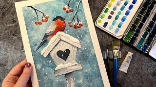 Winter watercolor tutorial / Painting a cute little bird in snow /