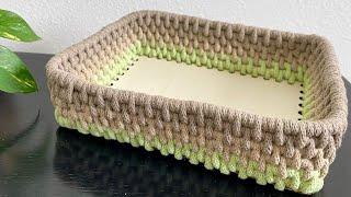 Coiled Basket with a Wooden Base | Rectangle Coiled Basket