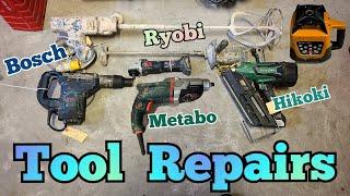 Powertool repairathon, bosch, ryobi, Metabo, hikoki and rotary laser in for repair.