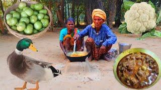 80 years old grandma cooking DUCK CURRY with GREEN TOMATOES and eating || village cooking lifestyle