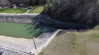 Drone flying over Lake Monroe Dam in Bloomington, Indiana