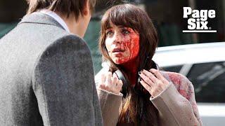 Dakota Johnson gets covered in fake blood while filming new movie alongside Josh Harnett