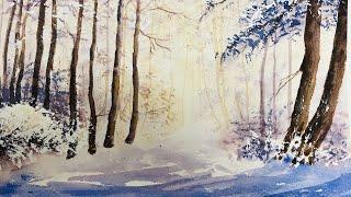 Как. рисовать солнечный Зимний  лес акварелью. How to paint sunny winted forest in watercolour