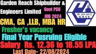 Garden Reach Shipbuilders & Engineers Ltd Job 2024 Freshers CMA CA MBA HR LLB Latest Govt Job Update