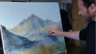 Russian Bob Ross. the most famous Russian artist Igor sugars. Mountain landscape.