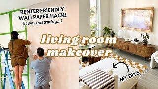 EXTREME RENTER-FRIENDLY LIVING ROOM MAKEOVER! (DIY furniture + how to make ANY wallpaper removable)