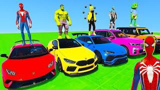 SPIDERMAN CARS Racing MEGA WINDMILL Ramp Challenge ! SUPERHEROES HULK GOKU Epic Stunt Race - GTA 5