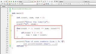 C Program To Find Sum of All Even Numbers From 1 To N, using For loop