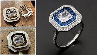 Make 18K white gold ring with diamond and blue sapphire - handmade diamond engagement ring